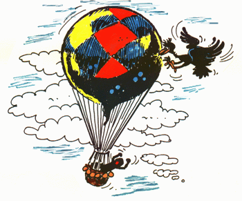 Bird is picking at balloon in the air.