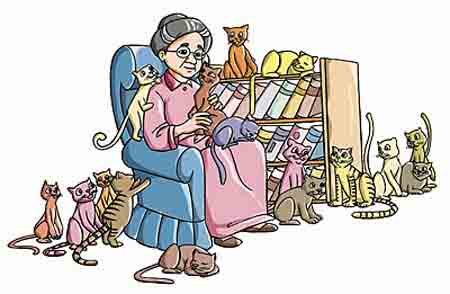 A woman has an excessive fondness for cats.