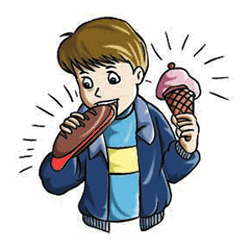 Boy is eating hotdog and ice cream.
