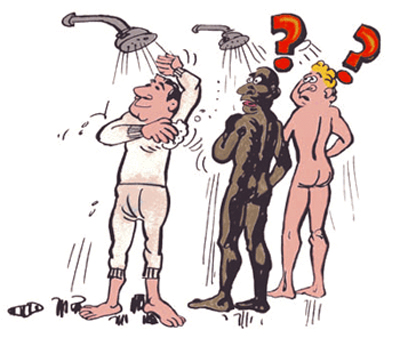 A man is taking a shower with his under ware on with other men.