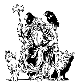 Woden with his guard dogs and crow messengers.