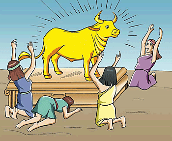 Worshipers are bowing down to a golden bull which is a form of zootheism.